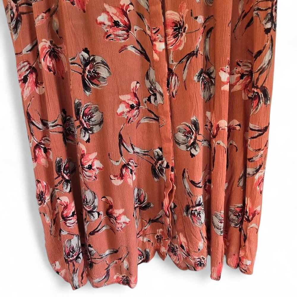 Woman Within Dark Peach Floral Print Dress 22W Roll Tab Sleeves Button Front - Picture 11 of 14